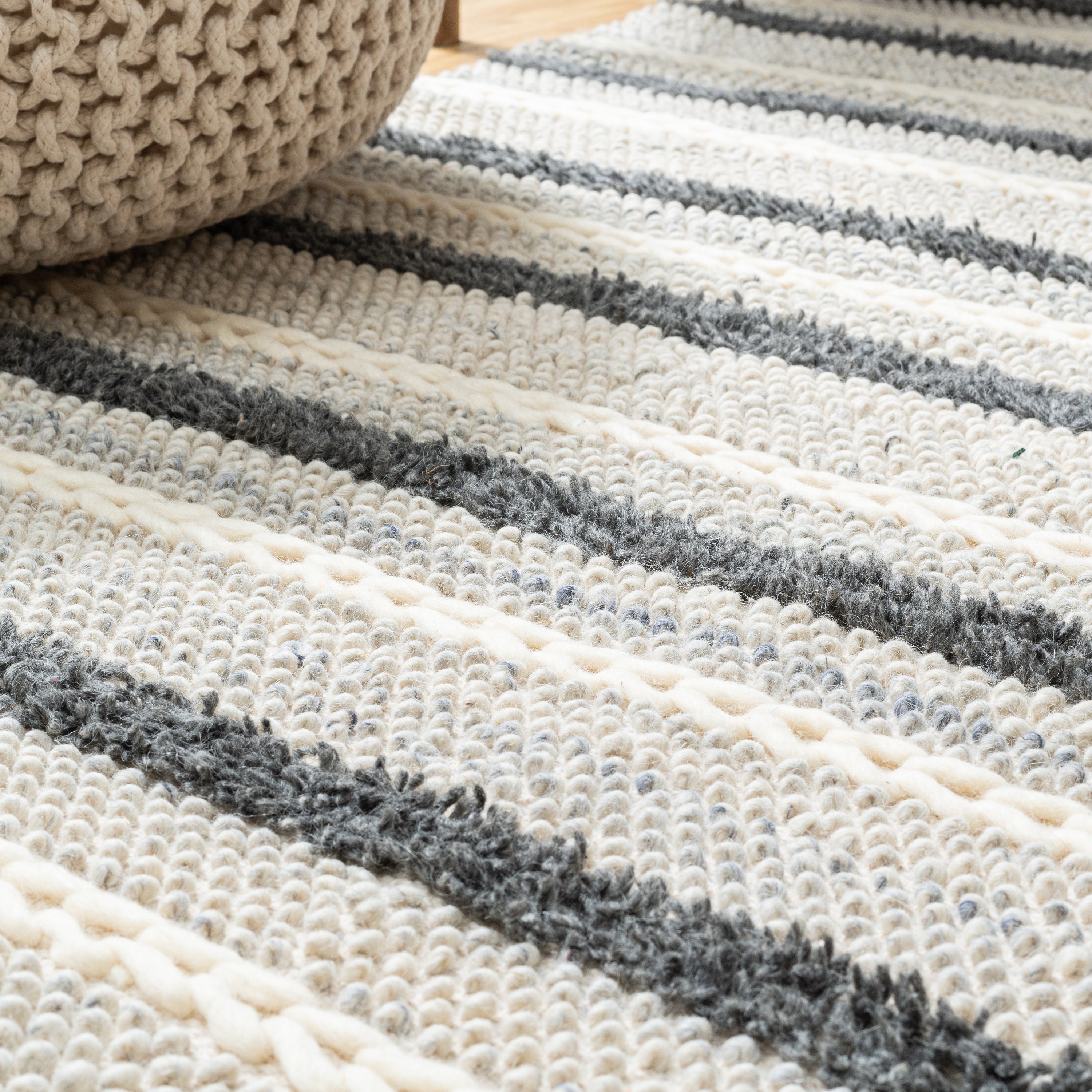The Indoor Store Hand Woven Wool Area Rug, Grey & Off-white, Textured  Stripes -  UK