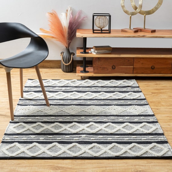 The Indoor Store Hand Woven Wool Area Rug, Black & Off-white 