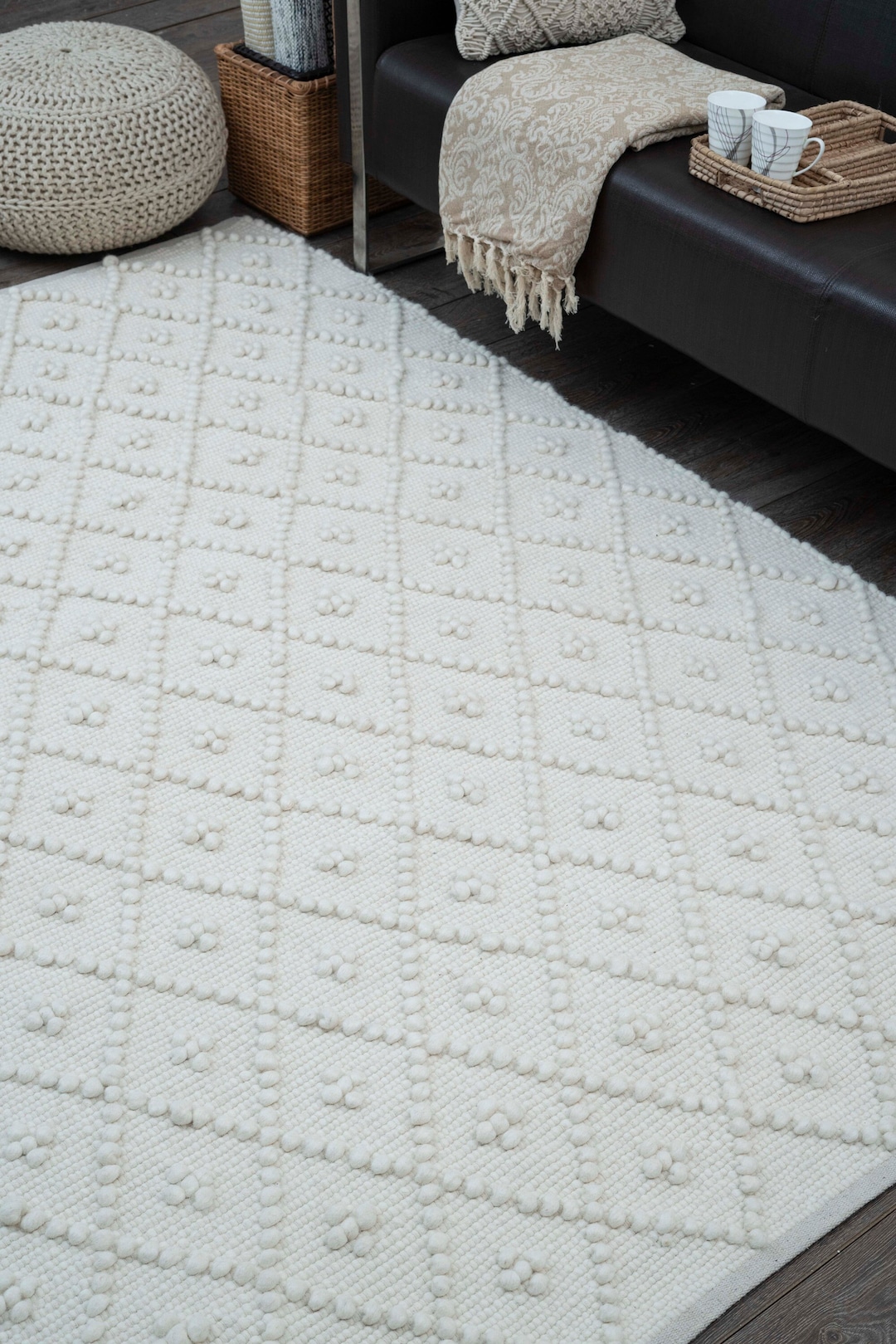 The Indoor Store - Hand Woven Chunky Wool Geometric Loops Rug, Ivory ...
