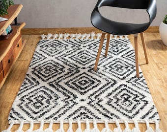 The Indoor Store - Hand Woven Wool Shaggy Area Rug, Black & Off-White, Tribal