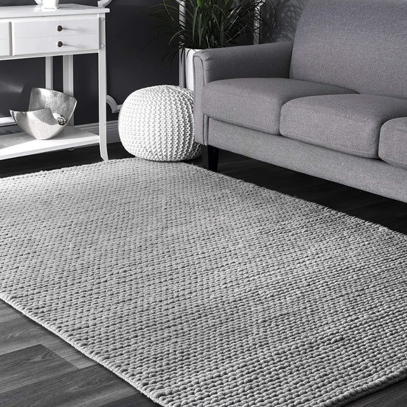 The Indoor Store Hand Knitted Chunky Wool Area Rug, Grey, Runner