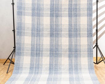 Hand Woven Blue & White Area Rug - Recycled PET, Geometric Plaid