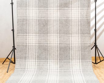 Handwoven Grey Plaid Area Rug – Recycled Polyester, Indoor/Outdoor