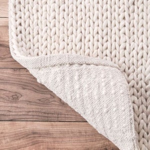 The Indoor Store Hand Knitted Chunky Wool Area Rug, Ivory/Off White, Runner image 2