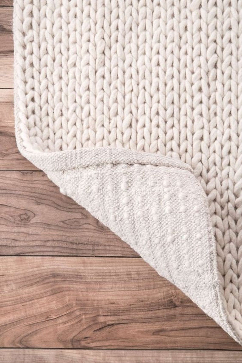 The Indoor Store Hand Knitted Chunky Wool Area Rug, Ivory/Off White, Runner image 2