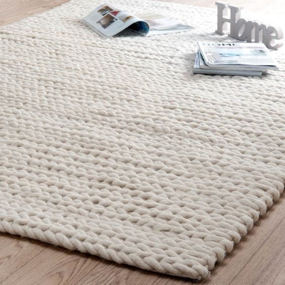 The Indoor Store - Hand-Knitted Chunky Wool Indoor Area Rug, Ivory/Of…
