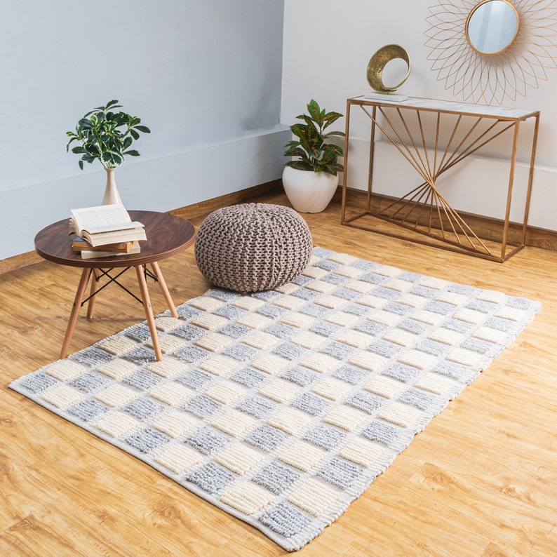 The Indoor Store Hand Woven Wool Area Rug, Grey & Off-White, Geometric Dhurrie image 2