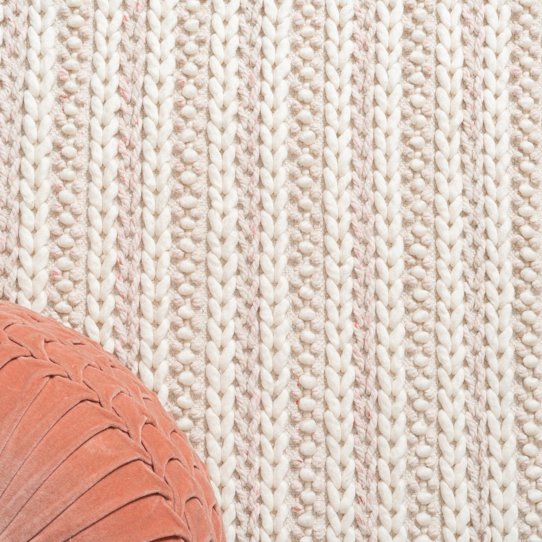 Hand Woven Wool Area Rug – Textured Cable Knit, Pink & Ivory - Etsy