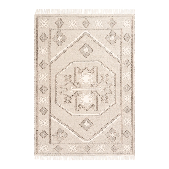 The Indoor Store Hand Woven Wool Area Rug, Geometric Dhurrie, Ivory / off  White 