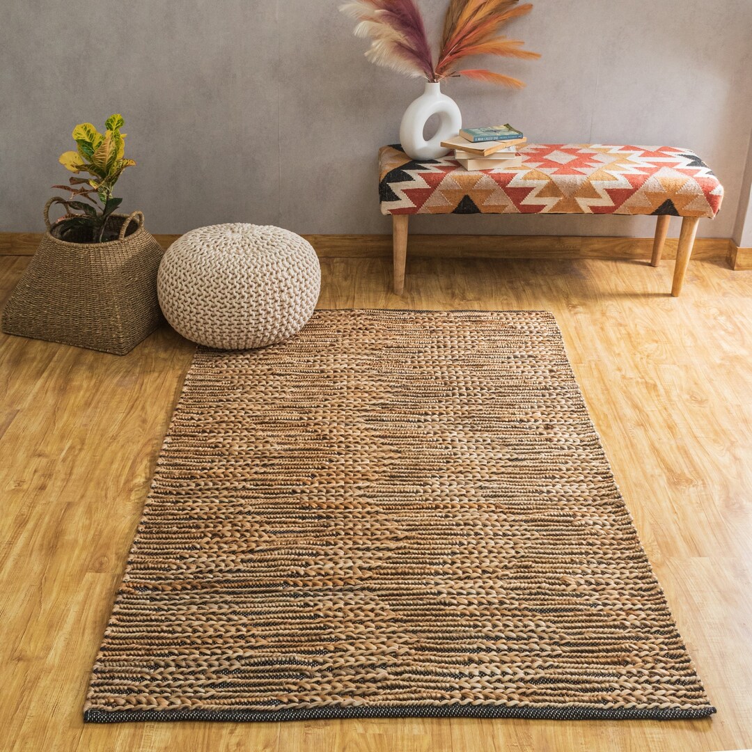 The Indoor Store Hand Woven Jute Area Rug, Natural & Black, Cable Knit