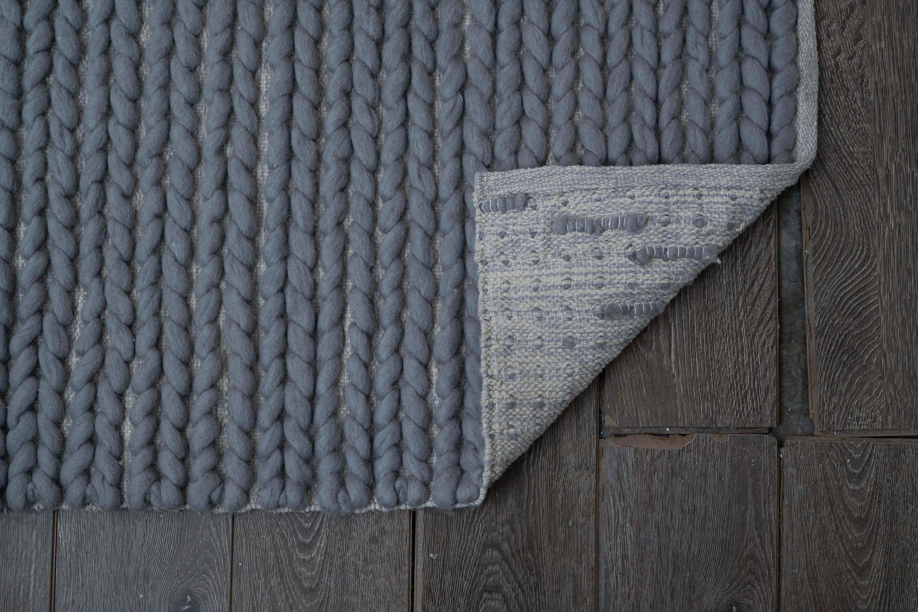 The Indoor Store - Hand Knitted Chunky Wool Area Rug, Grey, Cable Knit ...