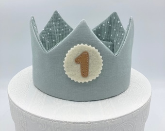 Birthday crown also with changeable kletties Sorona linen fabric, neutral color