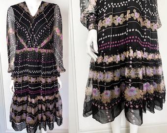 70s Black Floral Sheer Dress / V-Neck / 1970s Vintage / Boho Hippie / Long Sleeve / VTG / Summer Dress /