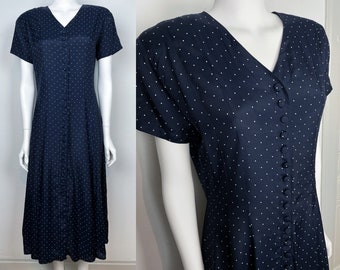 Polka Dot Dark Navy Blue Dress / 90s Vintage / Front Closure / Short Sleeve / Flowy Maxi / 1990s VTG / Viscose / US 6 / Cottagecore /