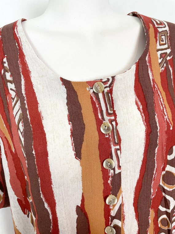 90s Vintage Button Up Abstract Blouse / Brown Red… - image 6