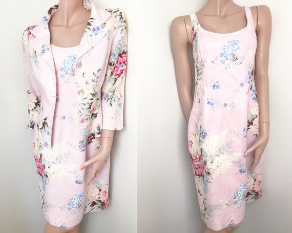 Renato Nucci Floral Linen Pink Dress Blazer Set /… - image 1