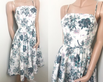 50s 60s Feminine Floral Dress / Vintage / Leaf Print / Spaghetti Strap / A-Line Skirt / Girly / Summer / Classic / Unique / Handmade