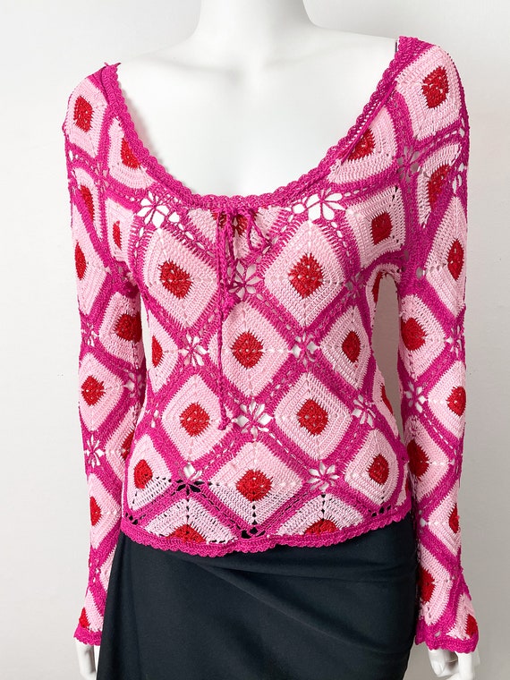 Pink Patchwork Top / Blouse Sweater / H&M / 90s V… - image 4