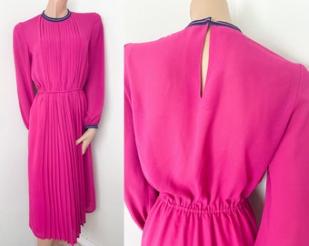 Hot Pink Vintage 80s Dress / Pleated / Preppy Elegant / 1980s VTG / Midi / Long Sleeve / Ladylike Classy / Cerice / Summer VTG /