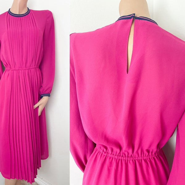 Hot Pink Vintage 80er Jahre Kleid / Plissee / Preppy Elegant / 1980er VTG / Midi / Langarm / Ladylike Classy / Cerice / Summer VTG /