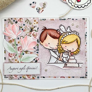 AUGURI AGLI SPOSINI,biglietto di auguri fatto a mano e colorato a mano con acquerelli con dolci sposini, torta di nozze e fiori