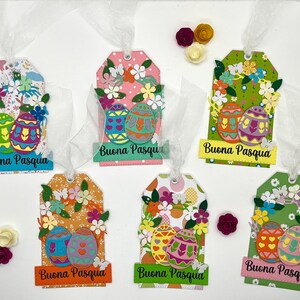 BUONA  PASQUA, set da 6 pezzi, segnapacco decorazioni per Pasqua, tag fatte a mano in cartoncino colorato con uova e fiorellini