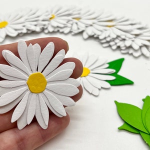 Margherite set di 20 fiori e 40 foglie fustellati in cartoncino,sagome,ritagli di carta fatti a mano per eventi,feste,scrapbooking,inviti