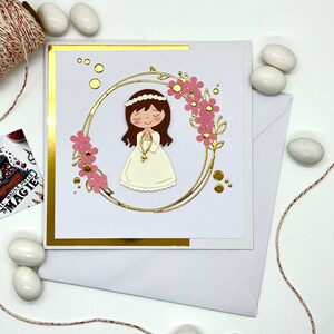 PRIMA COMUNIONE bimba, biglietto di auguri in cartoncino fatto  a mano con inserti dorati e fiori rosa