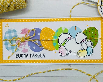 CONIGLIETTO GOLOSO, biglietto di auguri fatto a mano e colorato a mano con acquerelli per augurare a tutti una Buona Pasqua