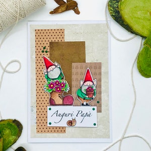 AUGURI PAPÀ, biglietto di auguri fatto a mano e colorato con acquerelli, con simpatici gnomi per la festa del papà, compleanno