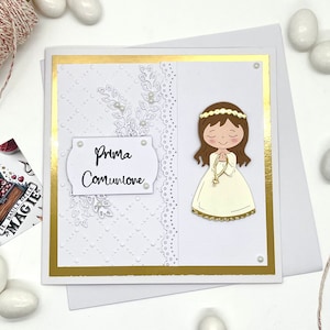 PRIMA COMUNIONE bimba, biglietto di auguri in cartoncino fatto  a mano in bianco con inserti dorati