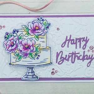 Happy birthday cake,biglietto di auguri fatto a mano,colorato a mano con torta compleanno e fiori,per amica,mamma,fidanzata,collega