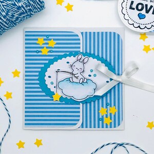 CONIGLIETTO E STELLINA, biglietto di auguri fatto a mano con dolce coniglietto e nuvola colorato a mano con acquerelli,azzurro,bimbo