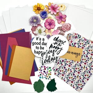 FLOWER BLOOM, kit creativo  per creare biglietti di auguri personalizzati, set per 4 cartoline fai da te, scrapbooking, creativi