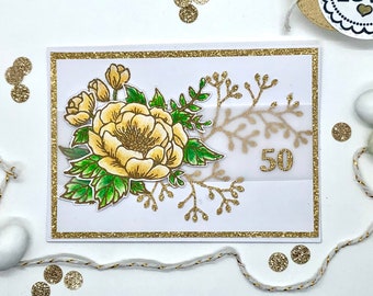 50ESIMO, biglietto di auguri fatto a mano per festeggiare i 50 anni di matrimonio o un compleanno, colorato a mano con acquerelli