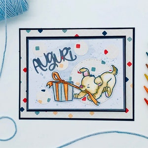 PORTA GIFTCARD, biglietto di auguri fatto a mano e colorato a mano con un simpatico cagnolino e con tasca interna porta buono regalo