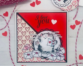 LETTERA D’AMORE,biglietto di auguri fatto a mano con tenero gattino colorato a mano per festeggiare San Valentino,anniversario,amore