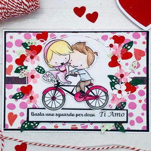 BASTA UNO SGUARDO,biglietto di auguri fatto a mano con dolce coppietta in bici colorata a mano con acquerelli per amore, anniversario