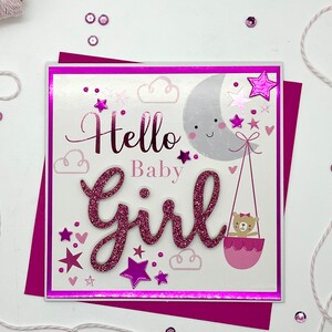 HELLO BABY GIRL, card biglietto di auguri fatto a mano nei toni del rosa per una nascita o un battesimo bimba con orsetto luna e stelline