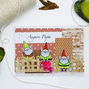 AUGURI PAPÀ, biglietto di auguri fatto a mano e colorato con acquerelli con simpatici gnomi, per la festa del papà, compleanno, auguri