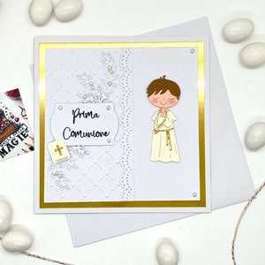 PRIMA COMUNIONE bimbo, biglietto di auguri in cartoncino fatto  a mano in bianco con inserti dorati
