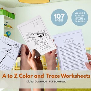 A to Z Trace and Color Worksheets | Alphabet Printable Worksheets | ABC Printable Sheets for Preschool & Kindergarten | Trace Color Activity