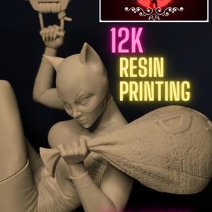 May include: A gray resin 3D printed figurine of a woman in a catsuit holding a bag. The figurine is hanging from a rope. The background is red with the text "Back to the Shop" and "12K Resin Printing" in white. The text "Free Quotes Custom Orders" is in pink at the bottom.