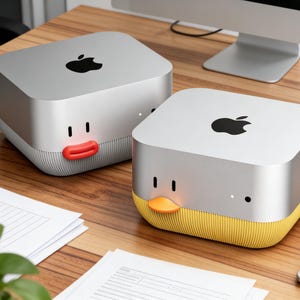 Könnte beinhalten: Zwei silber-weiße Computergeräte mit schwarzen Apple-Logos. Eines hat ein rotes Munddesign, das andere einen gelben Entenschnabel. Beide haben schwarze Punktaugen und stehen auf einem Holzschreibtisch.