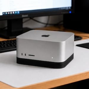 May include: A silver Apple Mac Studio computer with a square, compact design and rounded corners. The front panel features two USB-C ports, an SD card slot, and a small white status indicator light. The base of the unit is a black, textured material.