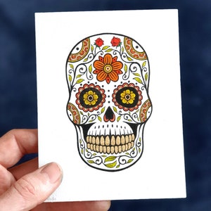 Czaszka z cukru - rysunek piórem i tuszem ze złotymi liśćmi - dzień zmarłych - oryginalne dzieło sztuki - Día de Muertos - sztuka ścienna