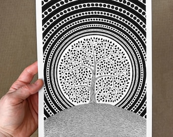 Tree at Full Moon Giclée Print: Pen and Ink Illustration Art