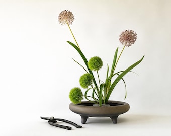 Handmade Stoneware Ikebana Bowl: Rustic Wabi-Sabi Floral Vessel