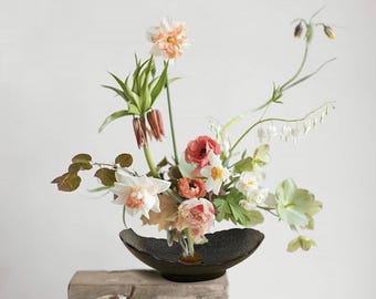 Black Ceramic Ikebana Bowl, Wabi-Sabi Zen Vase, Minimalist Flower Arrangement