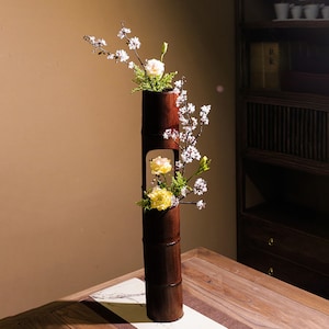 Vintage Handmade Japanese Bamboo Ikebana Vase with Water Holder – Traditional Floral Arrangement, Japanese Home Decor Gift.--*IMPERFECTIONS*